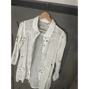 Paper Lace Linen Button Up M Lagenlook Embroidered Floral cottagecore Top
